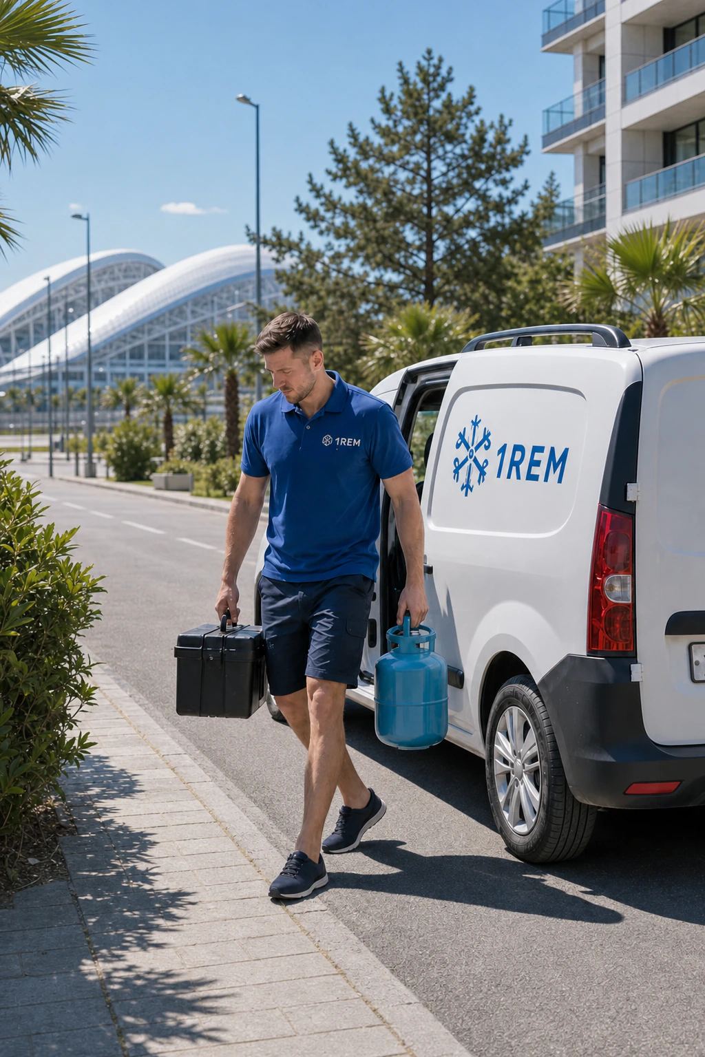 Костя Померанец с инструментом у автомобиля 1REM на выезде в Адлере и Сириусе